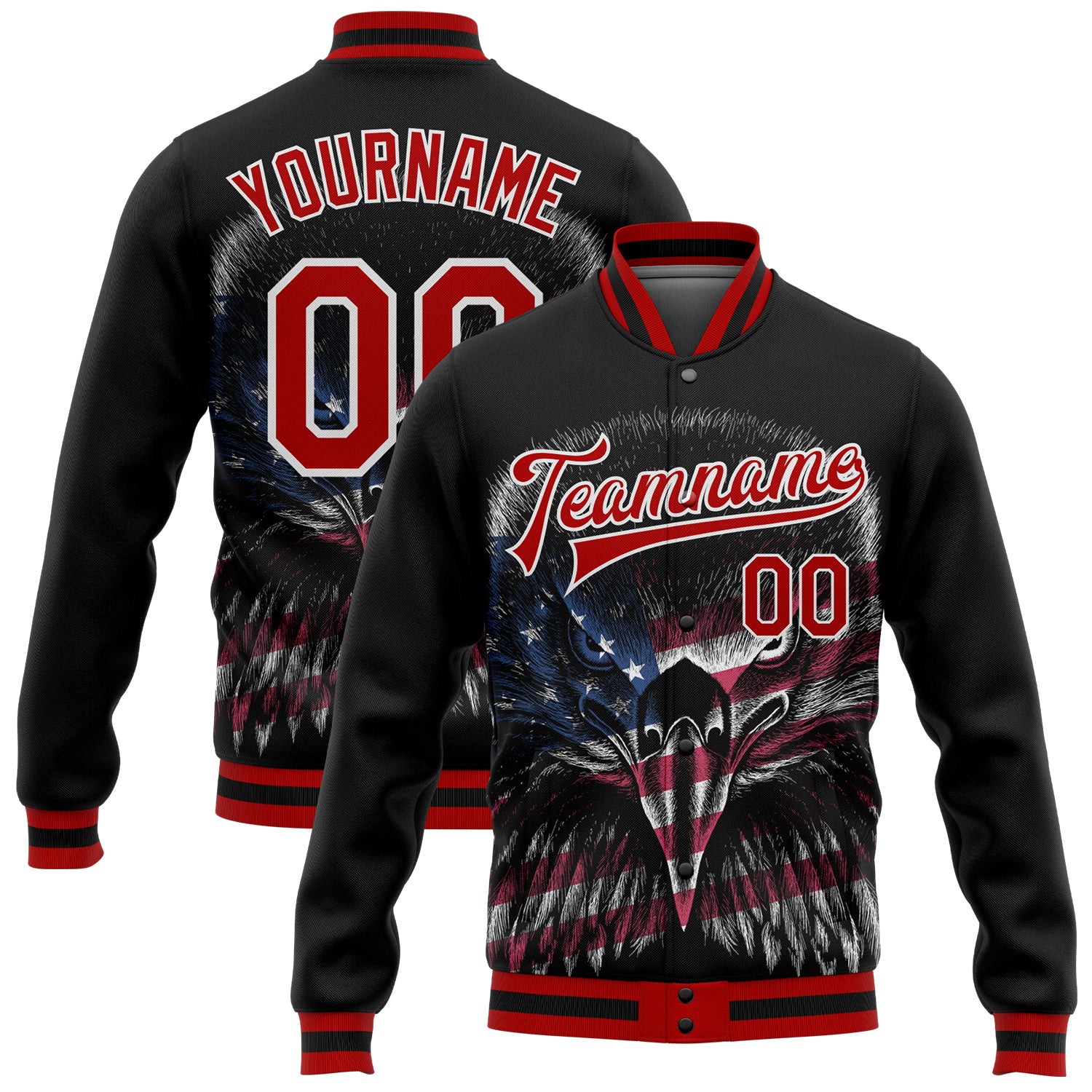 Custom Eagle 3D Pattern Bomber Jacket with American Flag - Personalized Black Red-White Varsity Letterman with Name and Number