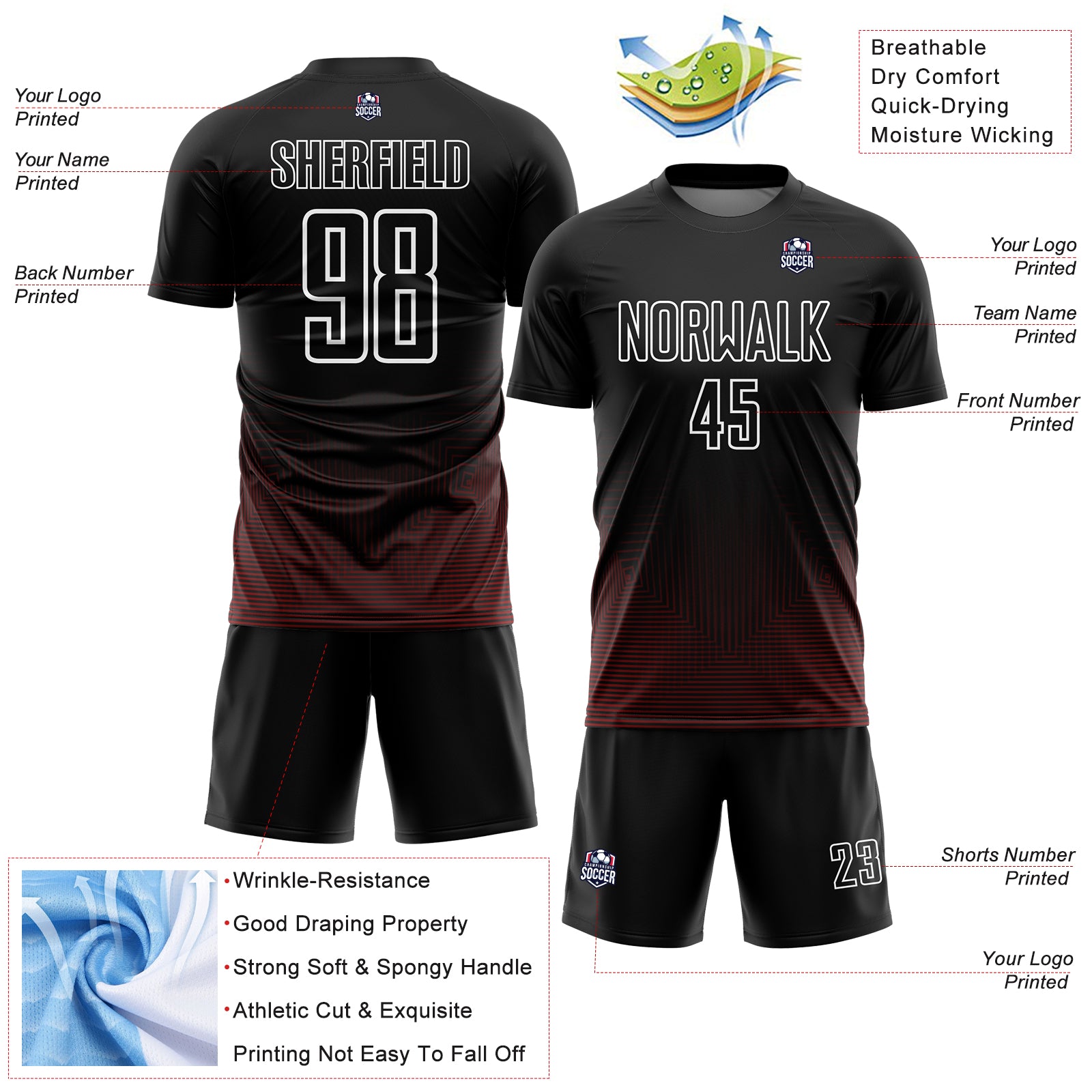 Personalized Black Red-White Geometric Lines Sublimation Soccer Uniform Jersey Team Custom Name and Number Custom Name Number Sublimation Soccer Jersey - Personalized Black Red White Geometric Lines Team Uniform Personalized Black - Image 4