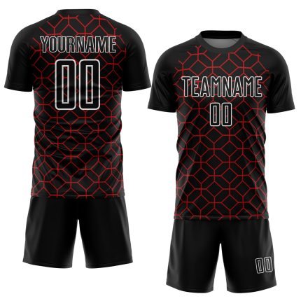 Custom Geometric Shapes Soccer Jersey - Black Red and White Sublimation Uniform Personalized Black Red-White Geometric Shapes