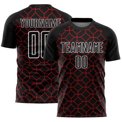 Custom Geometric Shapes Soccer Jersey - Black Red and White Sublimation Uniform Personalized Black Red-White Geometric Shapes