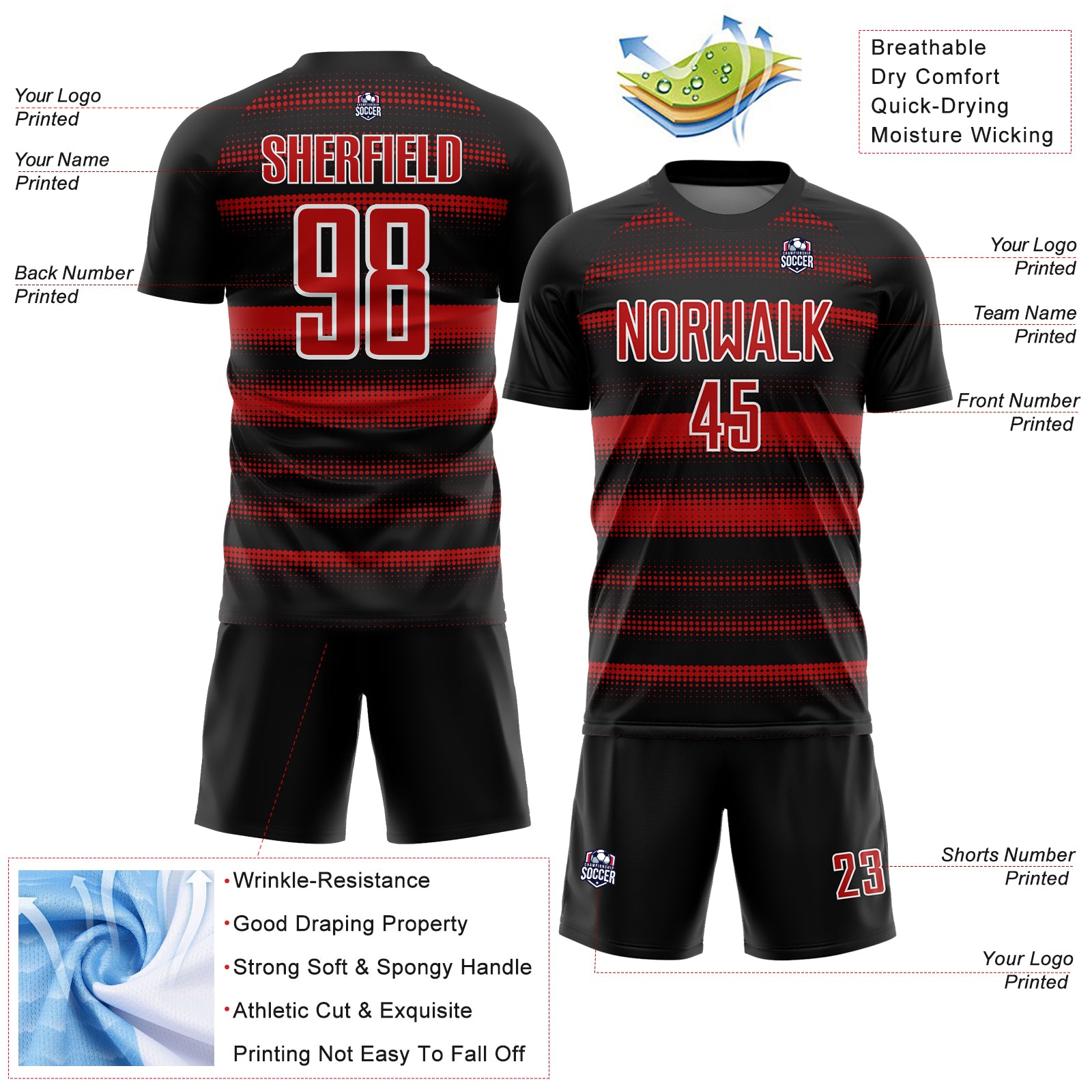 Personalized Soccer Uniform Jersey with Black Red-White Halftone Dots Design Personalized Black Red-White Halftone Dots Sublimation - Image 4