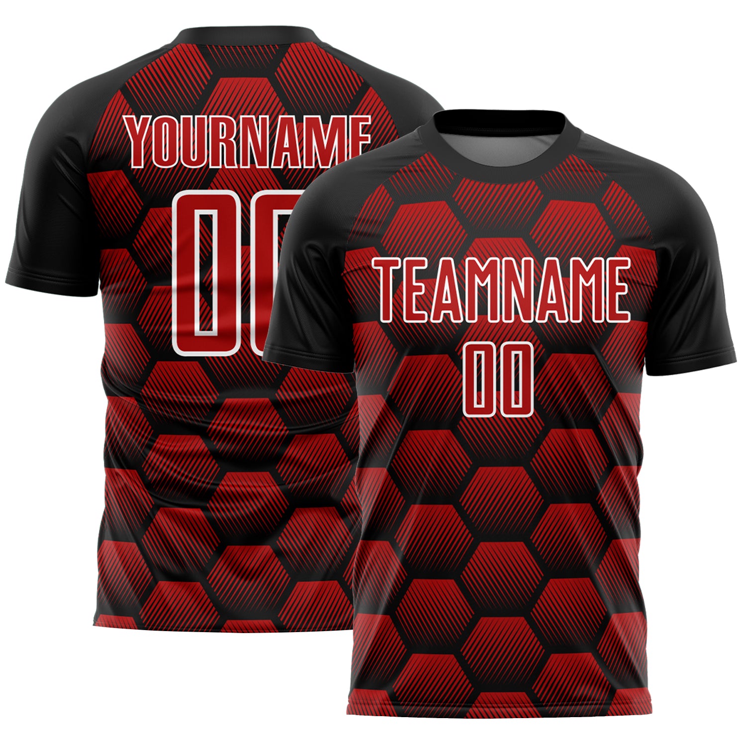 Custom Soccer Jersey Personalized with Name and Number, Black Red-White Hexagon Pattern, Team Uniform Personalized Black