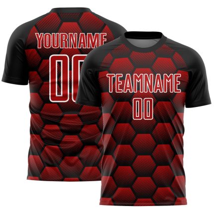 Custom Black Red-White Hexagon Soccer Jersey Sublimation Uniform for Teams Personalized Black Red-White Hexagons Sublimation