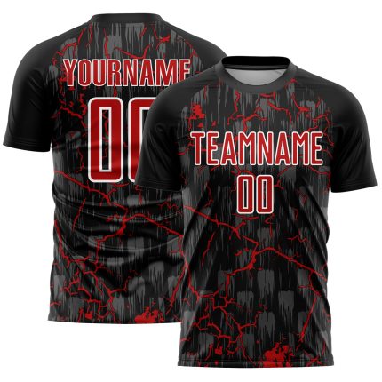 Custom Name and Number Personalized Soccer Jersey - Black Red-White Lightning Uniform Personalized Black Red-White Lightning