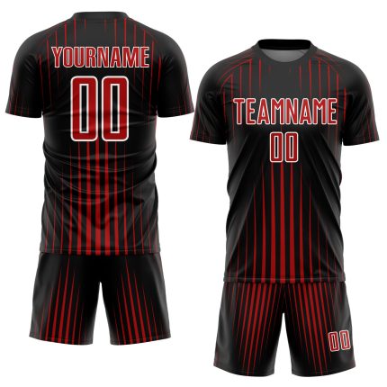 Custom Black Red White Lines Soccer Jersey Sublimation Uniform 2 Personalized Black Red-White Lines Sublimation Soccer Uniform