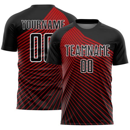 Personalized Soccer Uniform Jersey - Black Red-White Lines, Custom Sublimation Design, Size 3 Personalized Black Red-White