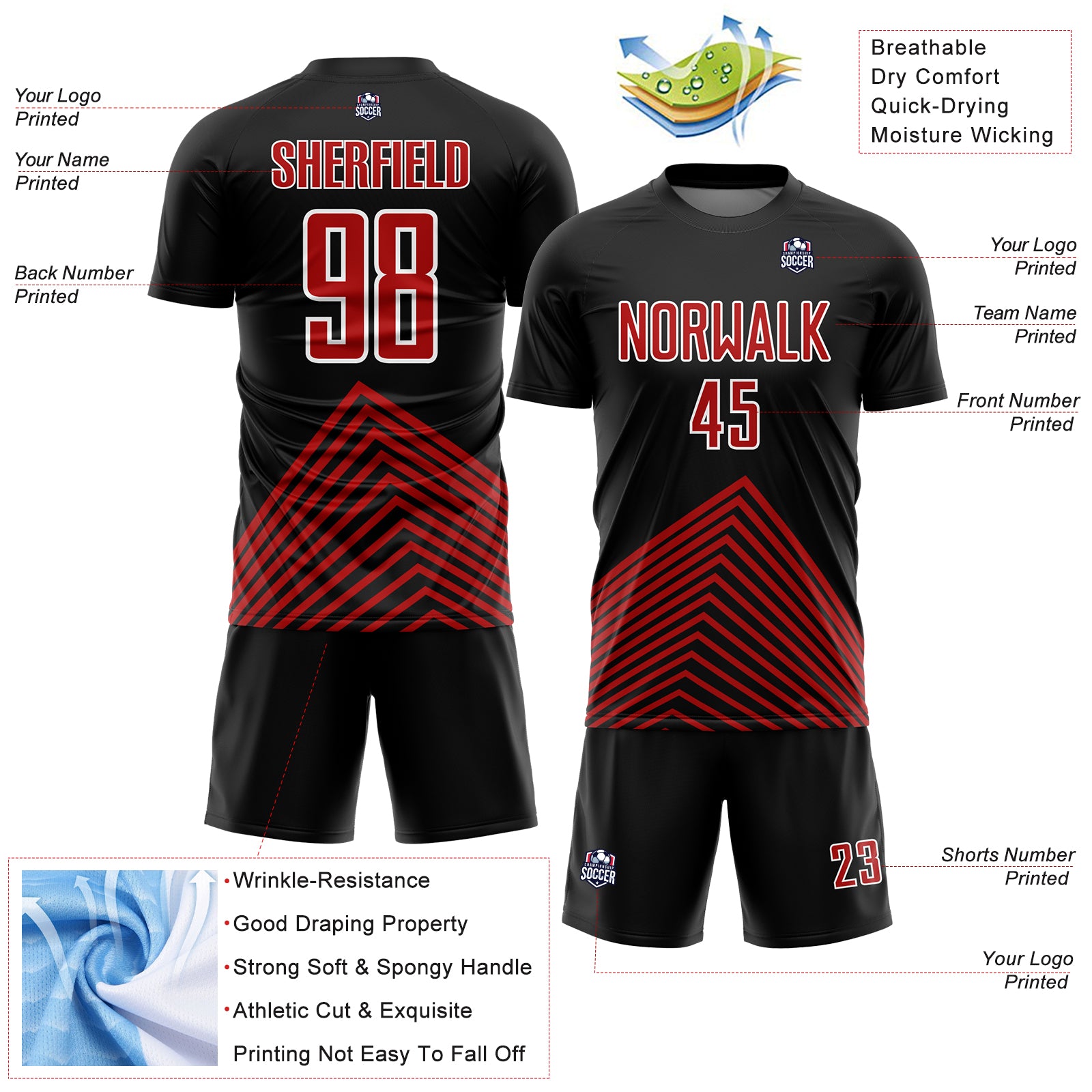 Personalized Soccer Uniform Jersey in Black Red-White Lines - Custom Design 4 Personalized Black Red-White Lines Sublimation - Image 4