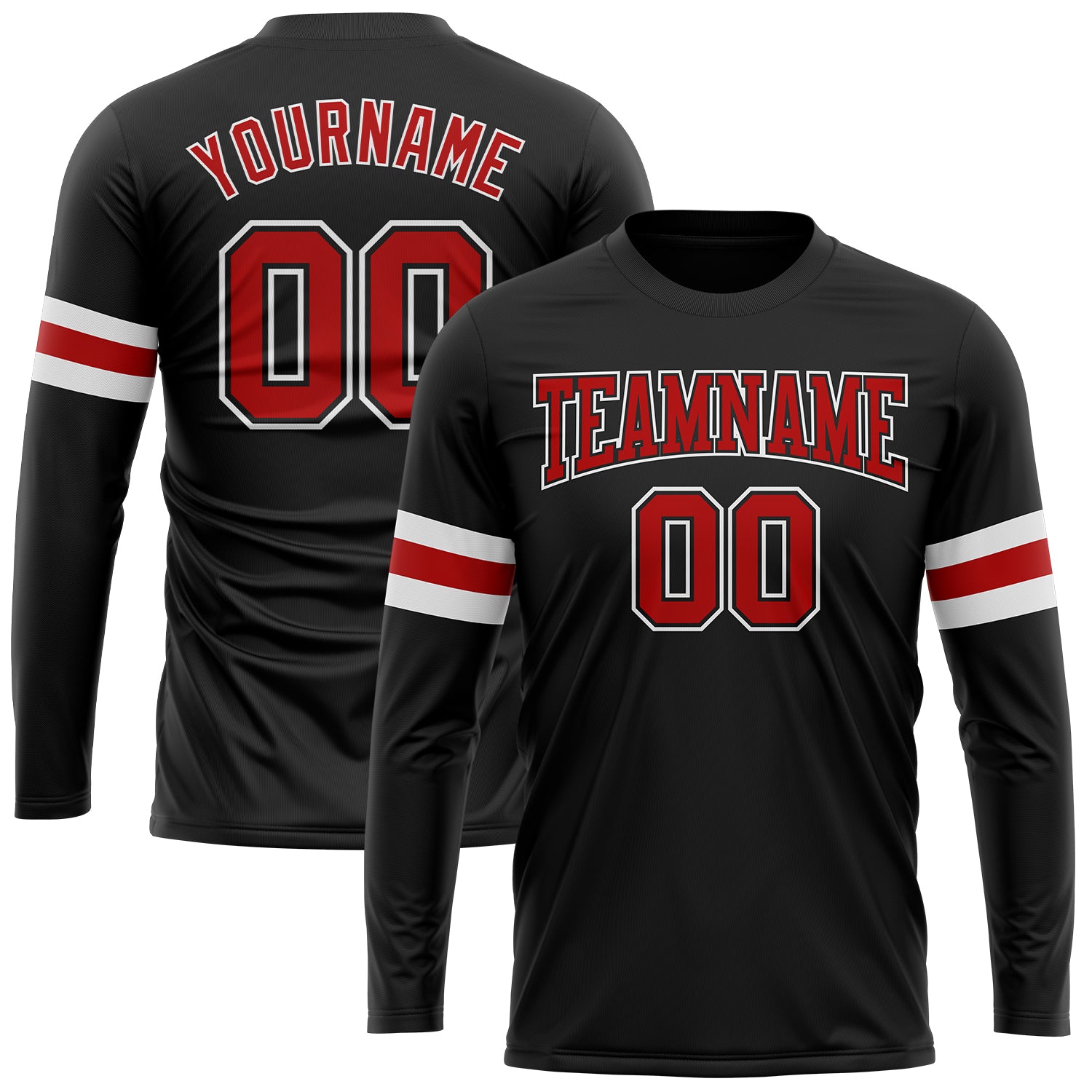Custom Name & Number Long Sleeve Performance T-Shirt - Personalized Black Red-White Team Apparel Personalized Black Red-White