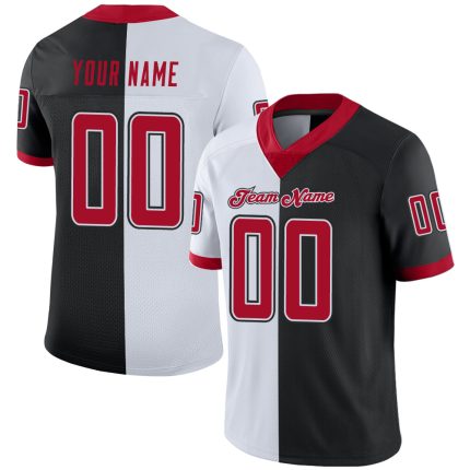 Custom Personalized Football Jersey - Black Red-White Mesh with Team Name and Number Personalized Black Red-White Mesh Split