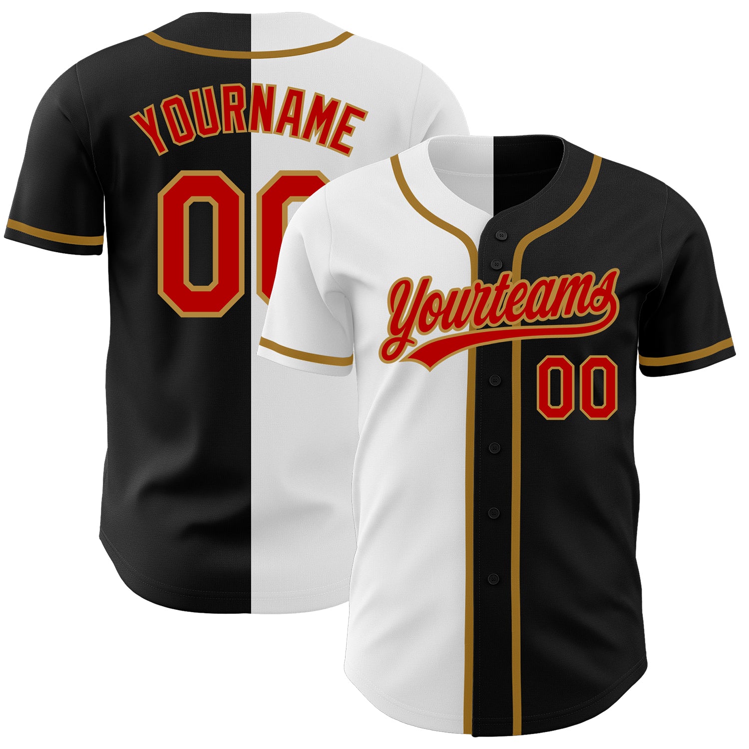 Personalized Fashion Baseball Jersey in Black Red White and Old Gold Personalized Black Red White-Old Gold Split Fashion