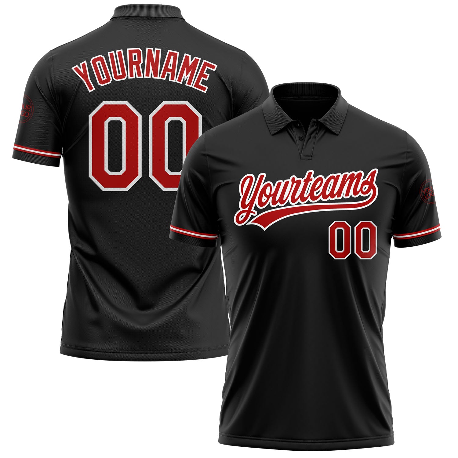 Custom Team Name and Number Golf Polo Shirt, Performance Black Red-White Vapor Design Personalized Black Red-White Performance