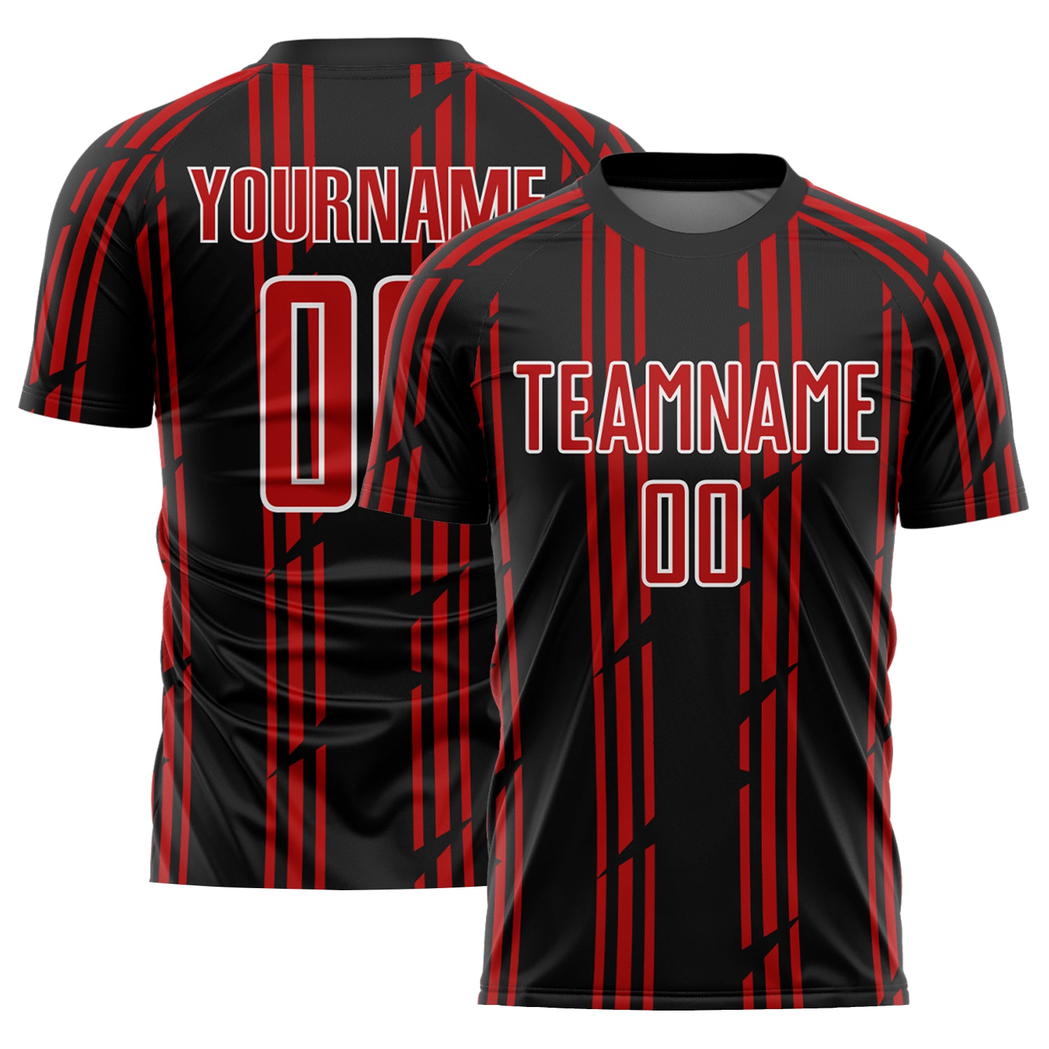 Custom Name Number Soccer Jersey - Personalized Black Red White Pinstripe Uniform Personalized Black Red-White Pinstripe