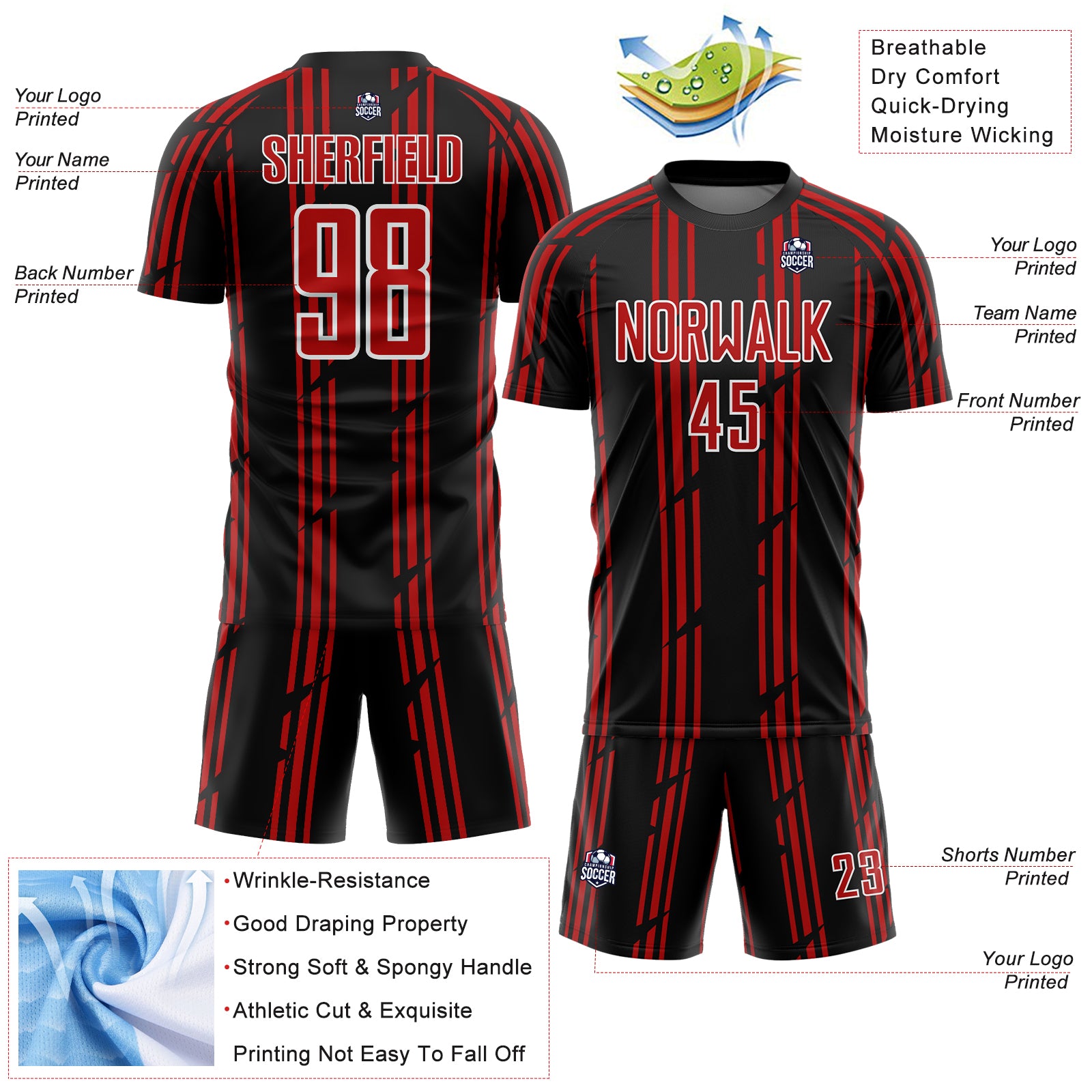 Personalized Soccer Jersey - Black Red-White Pinstripe Sublimation Uniform Personalized Black Red-White Pinstripe Sublimation - Image 4