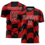 Personalized Soccer Uniform Jersey - Black Red White Plaid Sublimation Design Personalized Black Red-White Plaid Sublimation