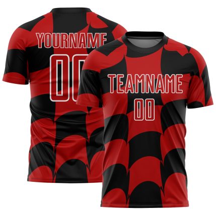 Custom Personalized Soccer Jersey with Name and Number, Black Red-White Plaid Sublimation Uniform Personalized Black Red-White