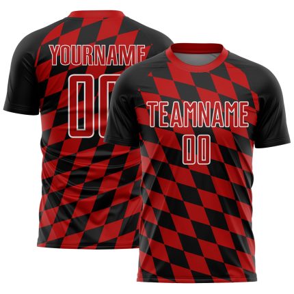 Personalized Sublimation Soccer Jersey - Black Red-White Rhombus Print Uniform Personalized Black Red-White Rhombus Print