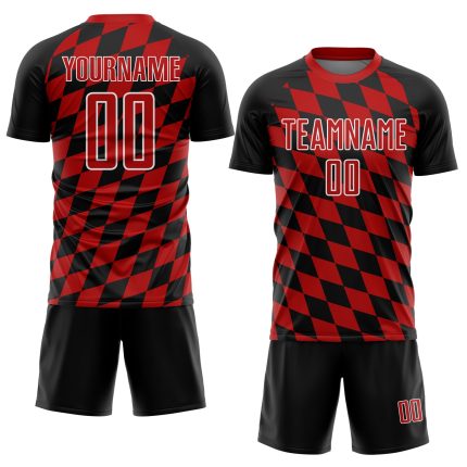 Custom Name Number Personalized Soccer Jersey Black Red White Rhombus Print Uniform Personalized Black Red-White Rhombus