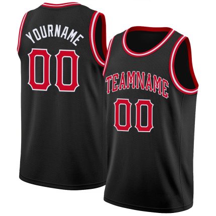 Personalized Basketball Jersey for Men | Black Red-White Round Neck Rib-Knit Design Personalized Black Red-White Round Neck