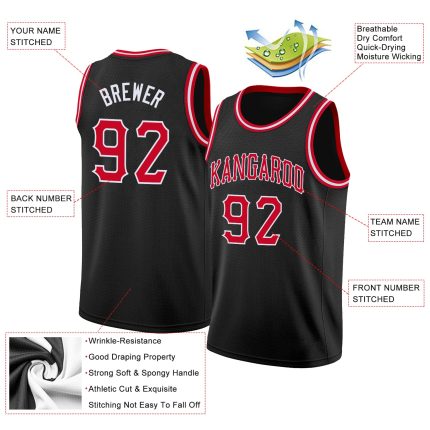 Custom Basketball Jersey with Personalized Name and Number, Black Red-White Round Neck Rib-Knit Team Apparel Personalized