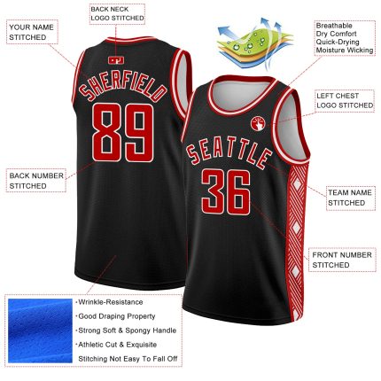 Custom Name and Number City Edition Basketball Jersey - Personalized Black Red-White Abstract Lines Design Personalized Black