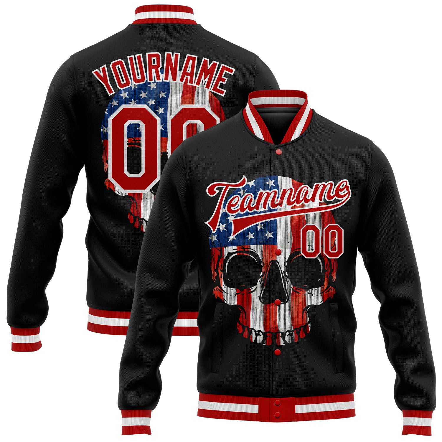 Personalized Skull American Flag 3D Bomber Varsity Letterman Jacket - Black Red & White Personalized Black Red-White Skull