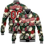 Personalized 3D Skull Rose Bomber Jacket for Men - Black Red-White Varsity Letterman Full-Snap Personalized Black Red-White