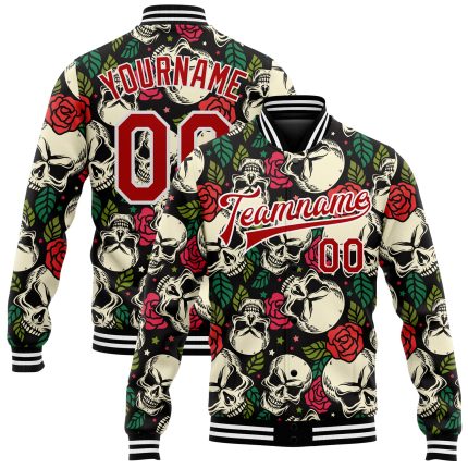 Personalized 3D Skull Rose Bomber Jacket for Men - Black Red-White Varsity Letterman Full-Snap Personalized Black Red-White