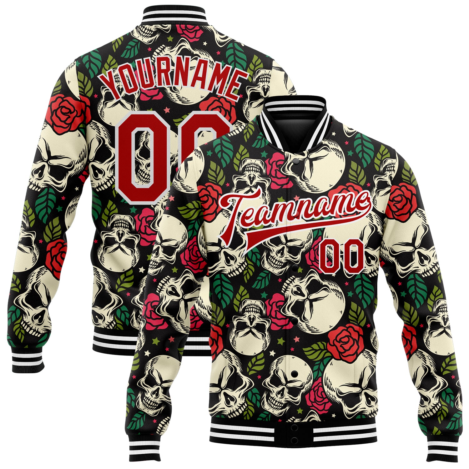 Custom Name & Number Skull Rose 3D Bomber Jacket Black Red-White Varsity Full-Snap Letterman Jacket Personalized Black Red-White