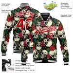 Custom Name & Number Skull Rose 3D Bomber Jacket Black Red-White Varsity Full-Snap Letterman Jacket Personalized Black Red-White
