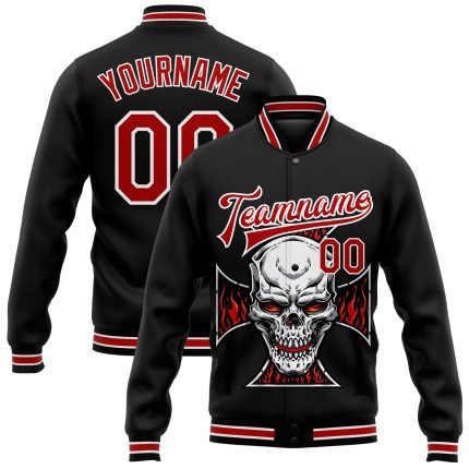 Personalized Skull Cross Logo 3D Varsity Jacket Black Red-White Full-Snap Bid Bomber Letterman Jacket Personalized Black
