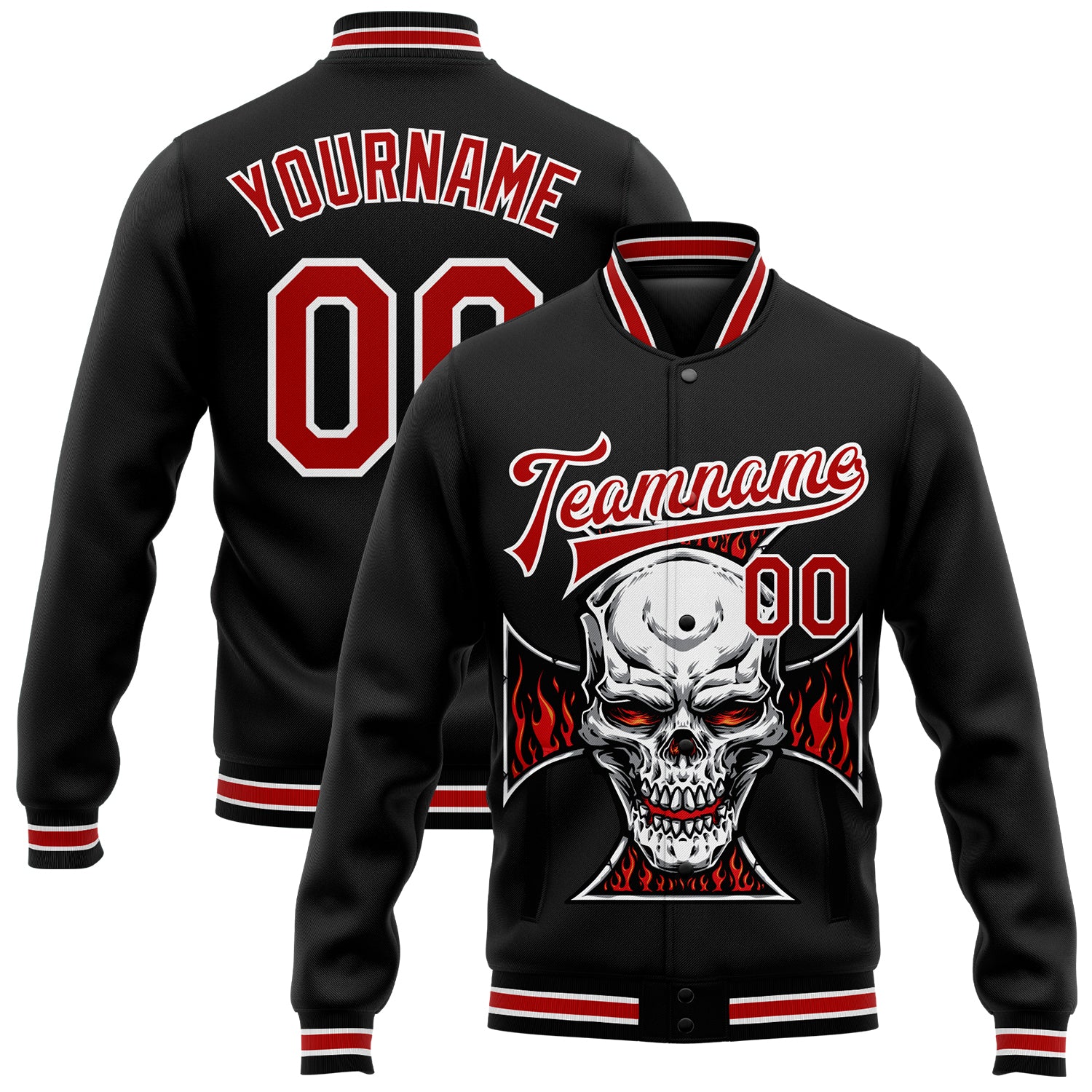Personalized Skull Cross Logo 3D Varsity Jacket Black Red-White Full-Snap Bid Bomber Letterman Jacket Personalized Black