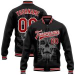 Personalized Skull 3D Bomber Jacket in Black Red-White | Stylish Full-Snap Varsity Letterman Jacket Personalized Black Red-White