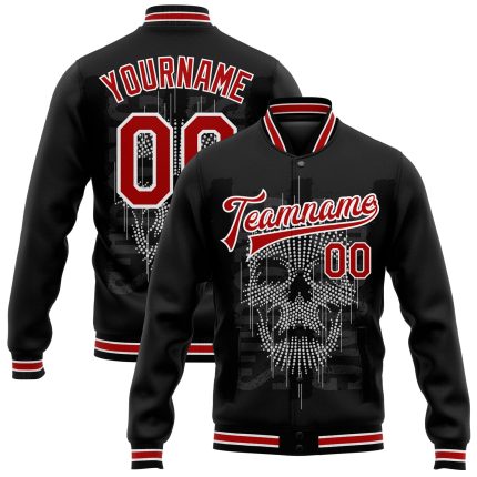 Personalized Skull 3D Bomber Jacket in Black Red-White | Stylish Full-Snap Varsity Letterman Jacket Personalized Black Red-White