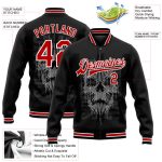 Personalized Skull 3D Bomber Jacket in Black Red-White | Stylish Full-Snap Varsity Letterman Jacket Personalized Black Red-White