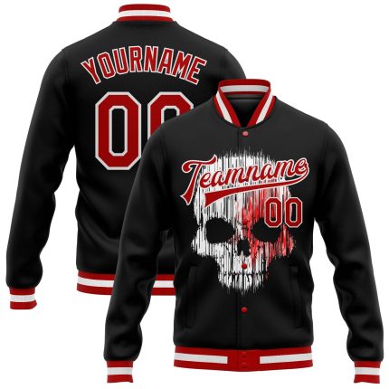 Personalized Skull 3D Bomber Jacket Varsity Letterman Black Red White Full-Snap Fashion Personalized Black Red-White Skull