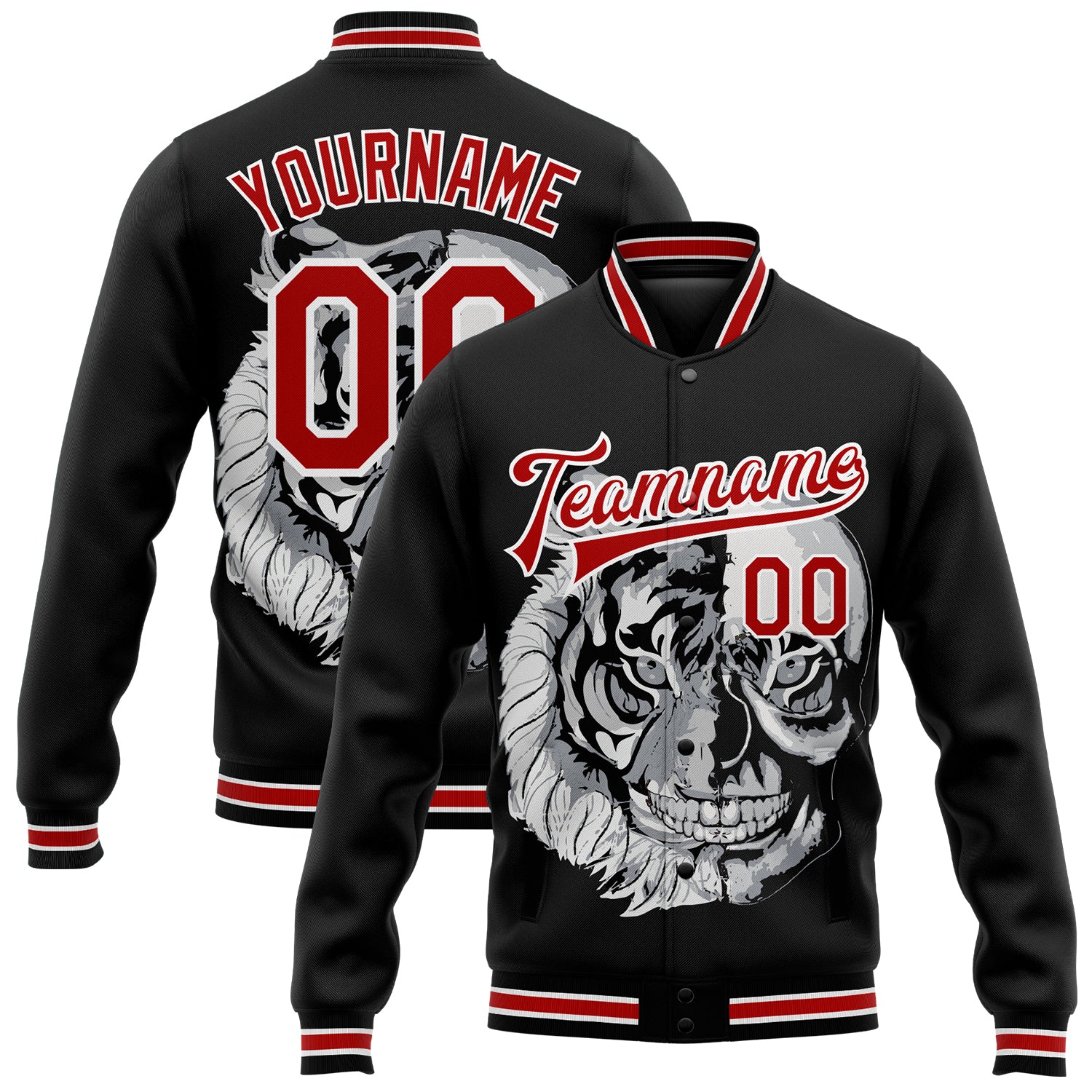 Personalized Skull 3D Bomber Varsity Jacket | Black Red-White Full-Snap Letterman Jacket 5 Personalized Black Red-White Skull