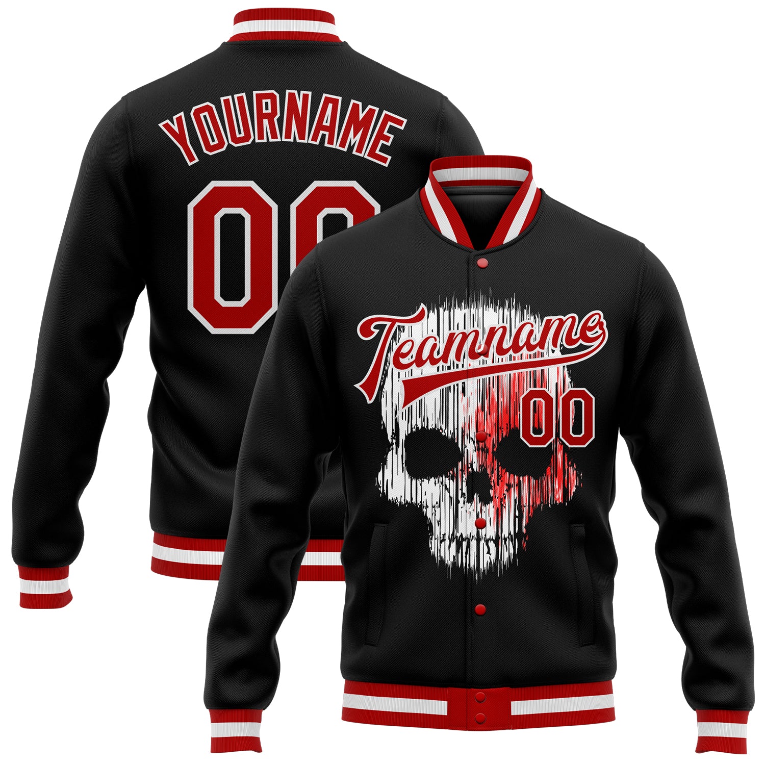 Personalized 3D Skull Bomber Jacket Black Red-White Varsity Letterman Full-Snap Personalized Black Red-White Skull Fashion