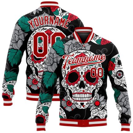 Personalized Skull Varsity Jacket | Black Red-White 3D Bomber Full-Snap Letterman Jacket Personalized Black Red-White Skull