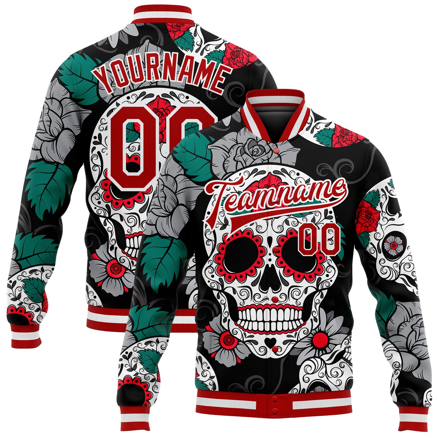 Customizable Skull 3D Bomber Jacket in Black Red-White, Team Name & Number - Full-Snap Varsity Letterman Style Personalized