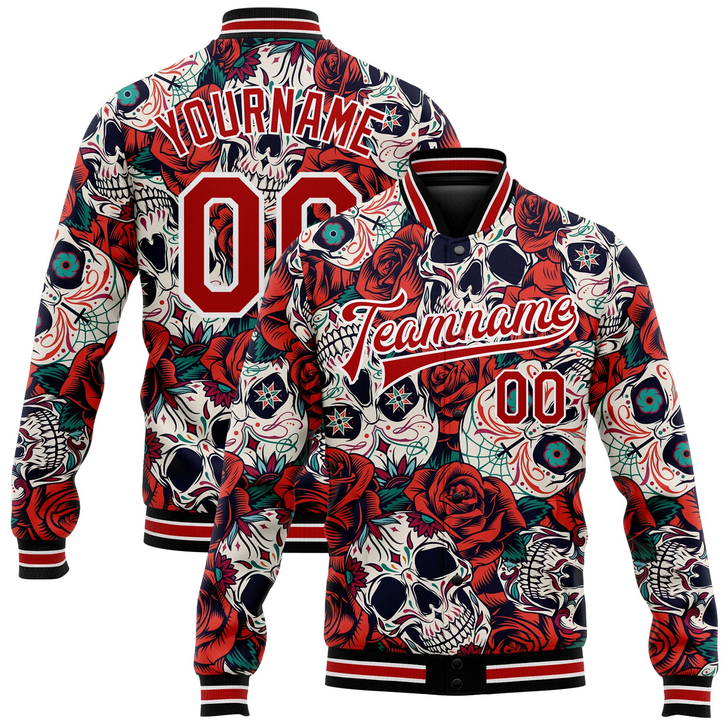 Personalized Skull Flower 3D Bomber Varsity Letterman Jacket Black Red-White Personalized Black Red-White Skull Flower 3D