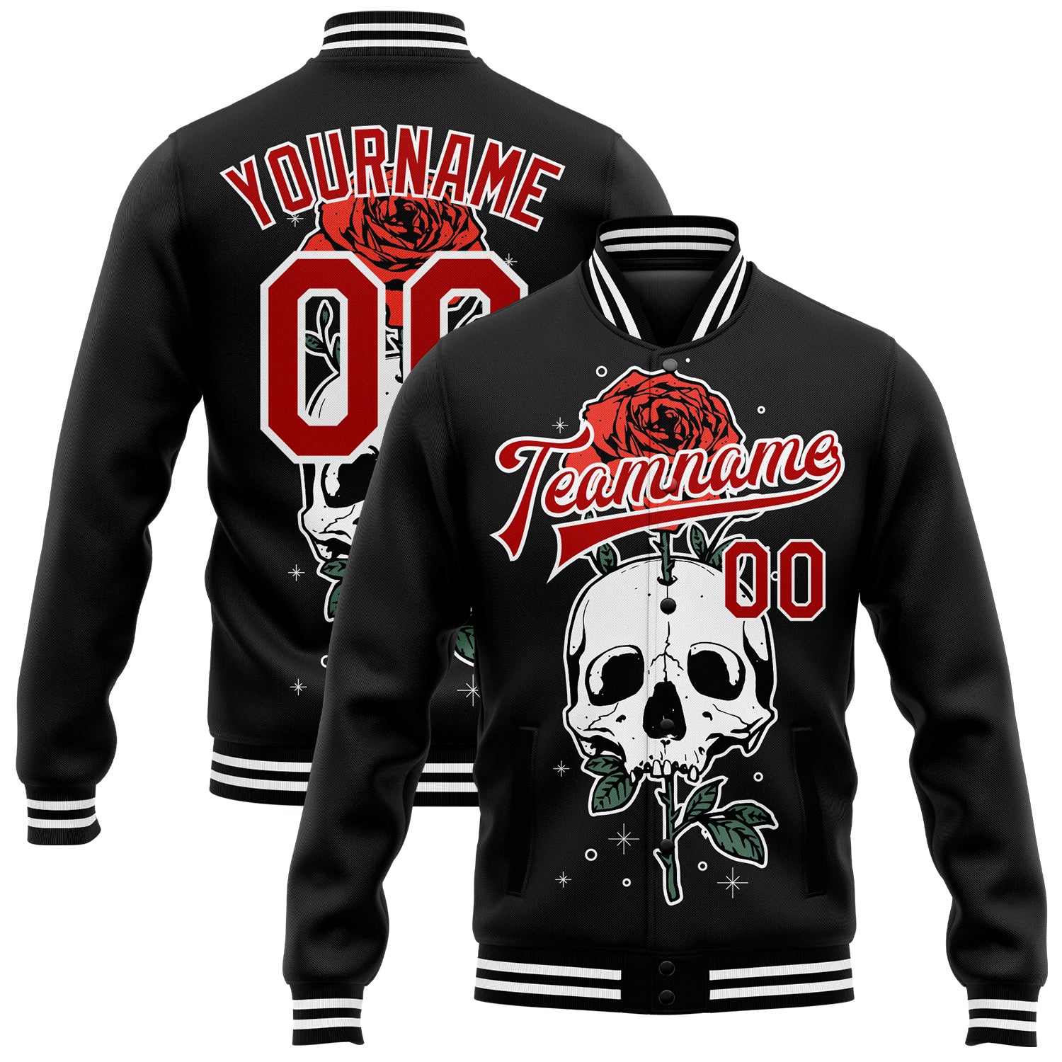 Personalized Skull Flower 3D Bomber Varsity Letterman Jacket - Black Red White Personalized Black Red-White Skull Flower