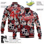 Personalized Skull Flower 3D Bomber Varsity Letterman Jacket Black Red-White Personalized Black Red-White Skull Flower 3D