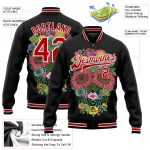 Personalized Skull Flowers 3D Bomber Varsity Jacket in Black Red-White, Full-Snap Letterman Style Personalized Black Red-White