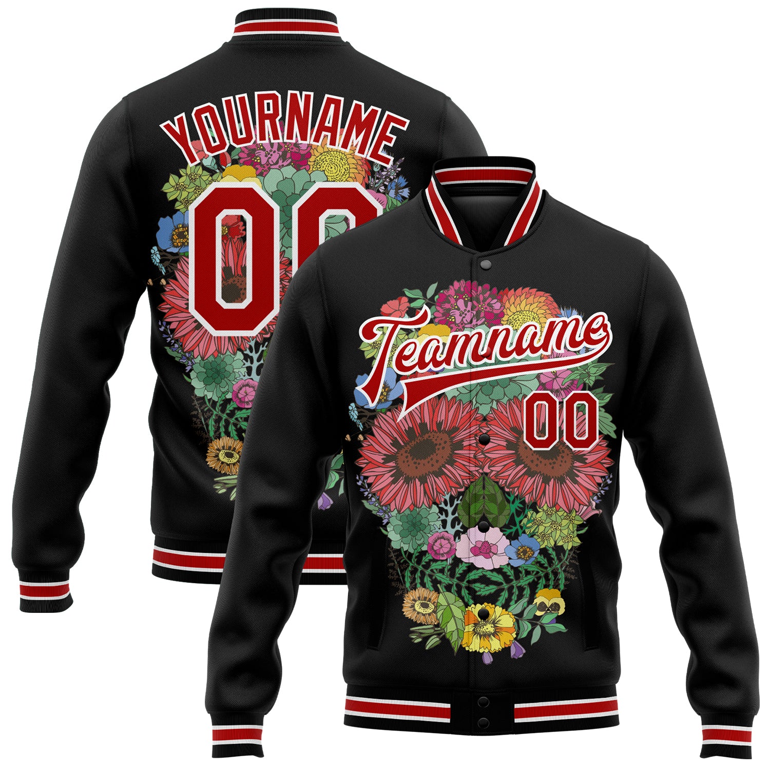 Personalized Skull Flowers 3D Bomber Varsity Jacket in Black Red-White, Full-Snap Letterman Style Personalized Black Red-White