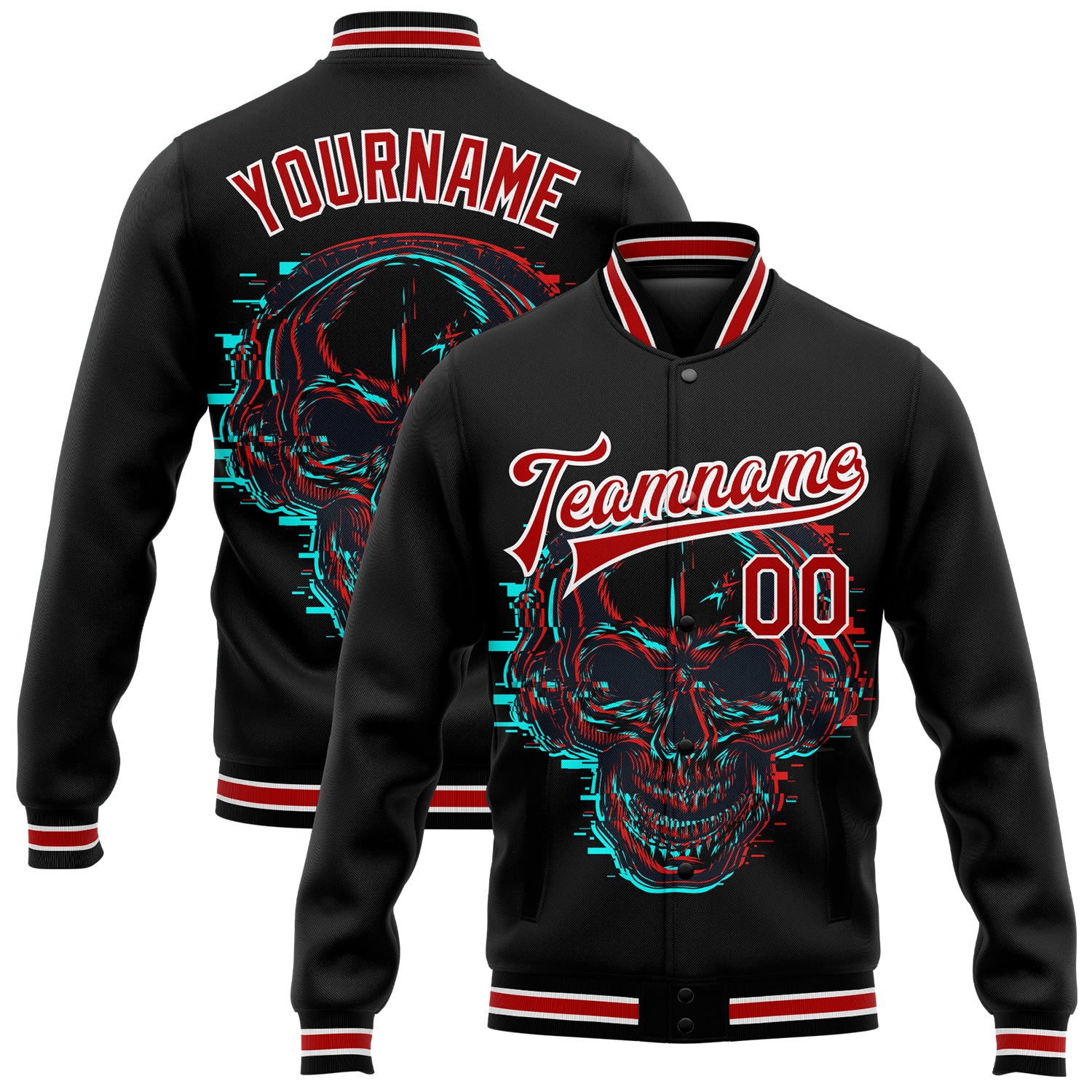 Personalized Skull Headphones Varsity Jacket 3D Bomber Black Red-White Full-Snap Letterman Personalized Black Red-White Skull