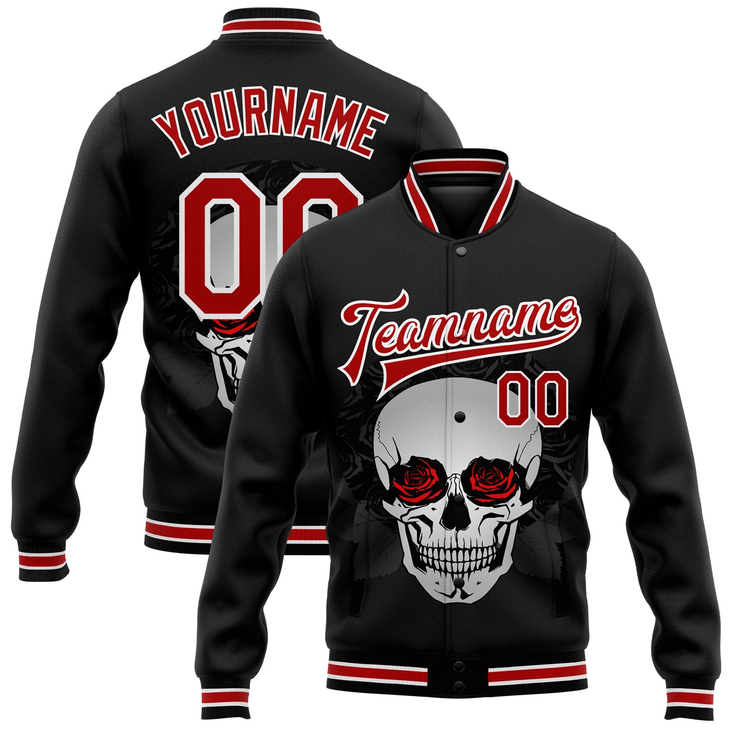 Personalized Skull Roses 3D Bomber Jacket Red Black Full-Snap Varsity Letterman Personalized Black Red-White Skull Roses