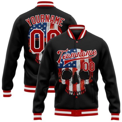 Custom American Flag Skull 3D Bomber Varsity Letterman Jacket with Personalized Name and Number - Black Red-White Personalized