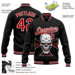 Custom Name Number 3D Skull Cross Logo Varsity Letterman Jacket Personalized Black Red-White Full-Snap Bomber Personalized