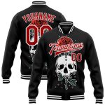 Personalized Skull Flower 3D Bomber Varsity Jacket in Black Red-White - Full-Snap Letterman Jacket Personalized Black Red-White