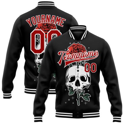 Personalized Skull Flower 3D Bomber Varsity Jacket in Black Red-White - Full-Snap Letterman Jacket Personalized Black Red-White